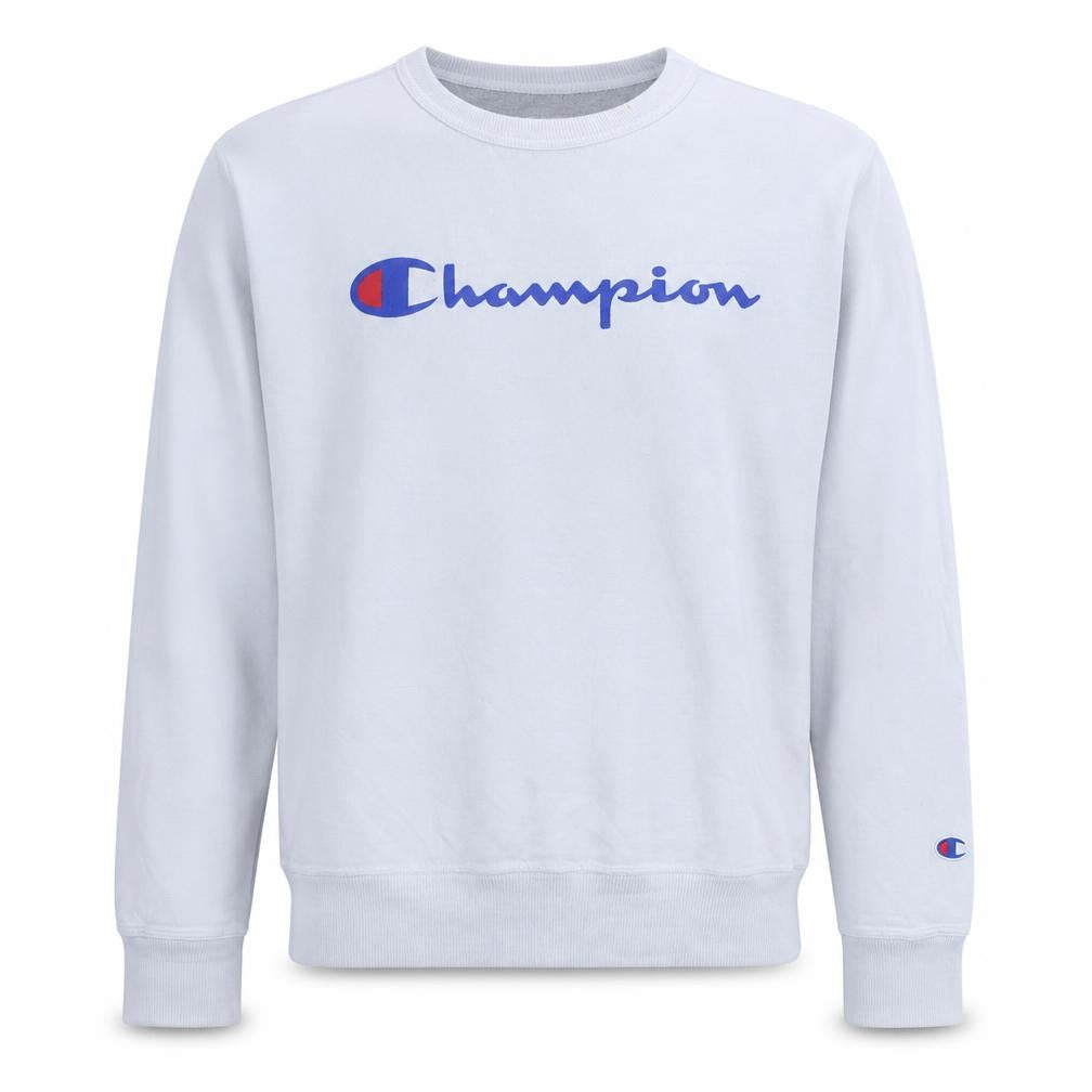 Front view of Champion men’s white graphic logo pullover sweatshirt, size S