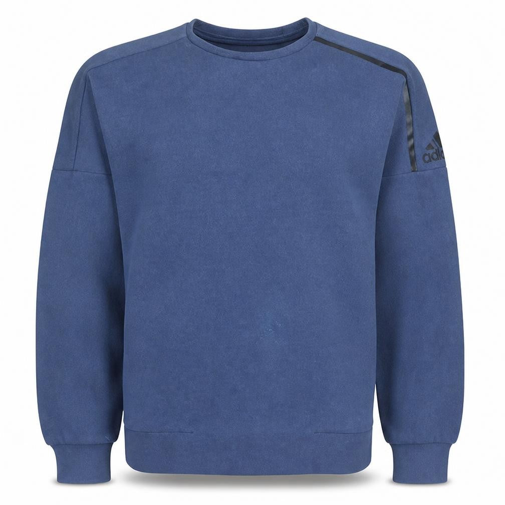 Front view of Adidas Men Blue Pullover Fleece Sweatshirt, size M, Crew Neck Sportswear