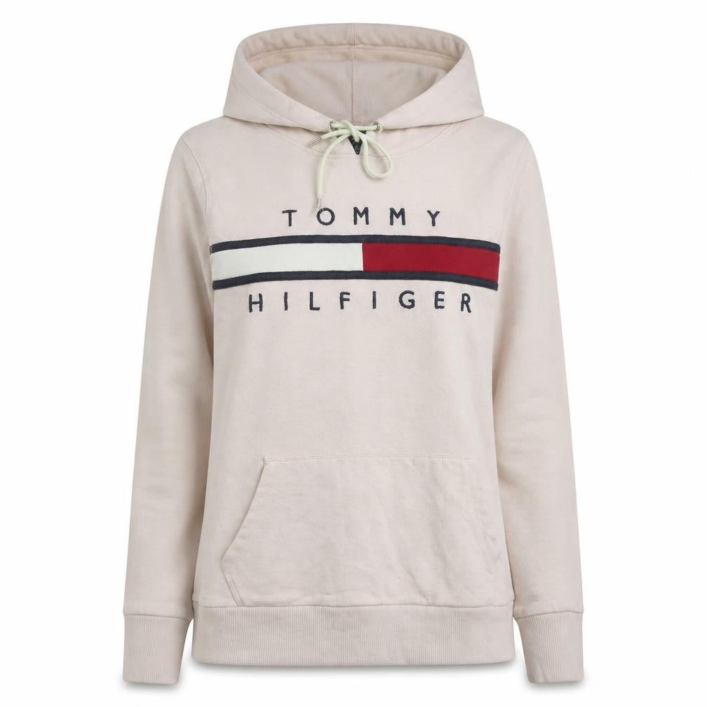 Front view of Tommy Hilfiger Women Beige Hooded Pullover Sweatshirt M Cotton Blend