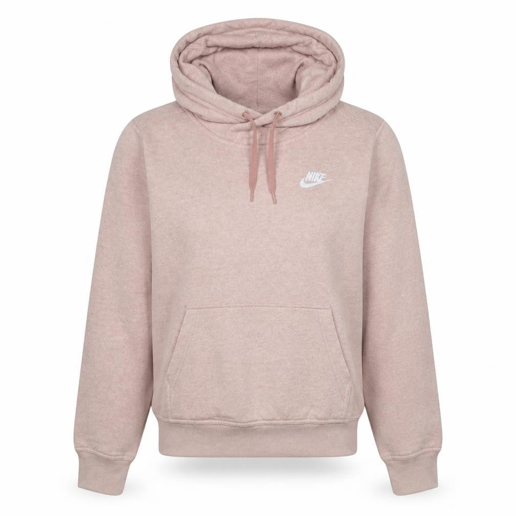 Front view of Nike women’s pink pullover hoodie, size S, cotton blend casual sweatshirt
