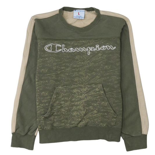 Champion Women’s Green Beige Pullover Sweatshirt L Logo Print Cotton