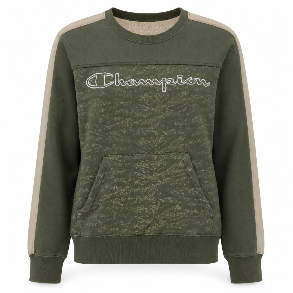 Champion Women’s Green Beige Pullover Sweatshirt L Logo Print Cotton