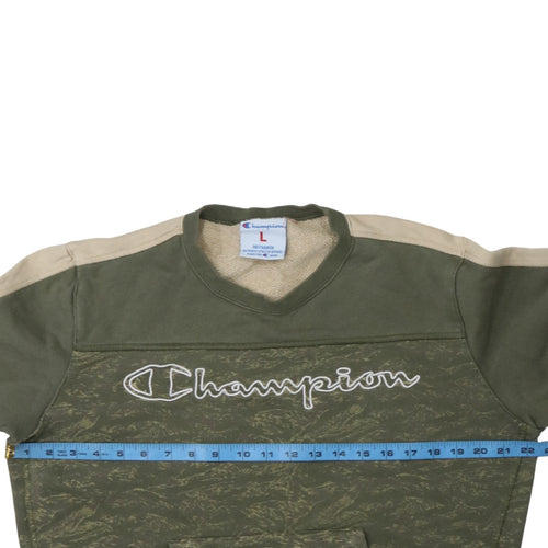 Champion Women’s Green Beige Pullover Sweatshirt L Logo Print Cotton
