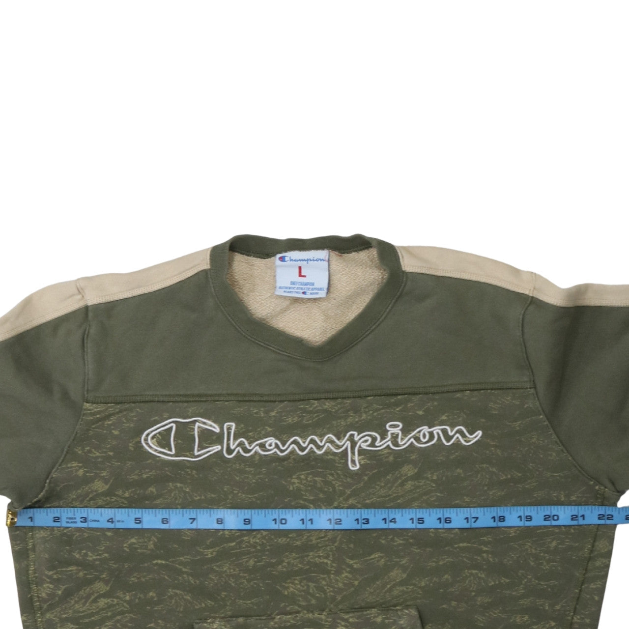 Champion Women’s Green Beige Pullover Sweatshirt L Logo Print Cotton