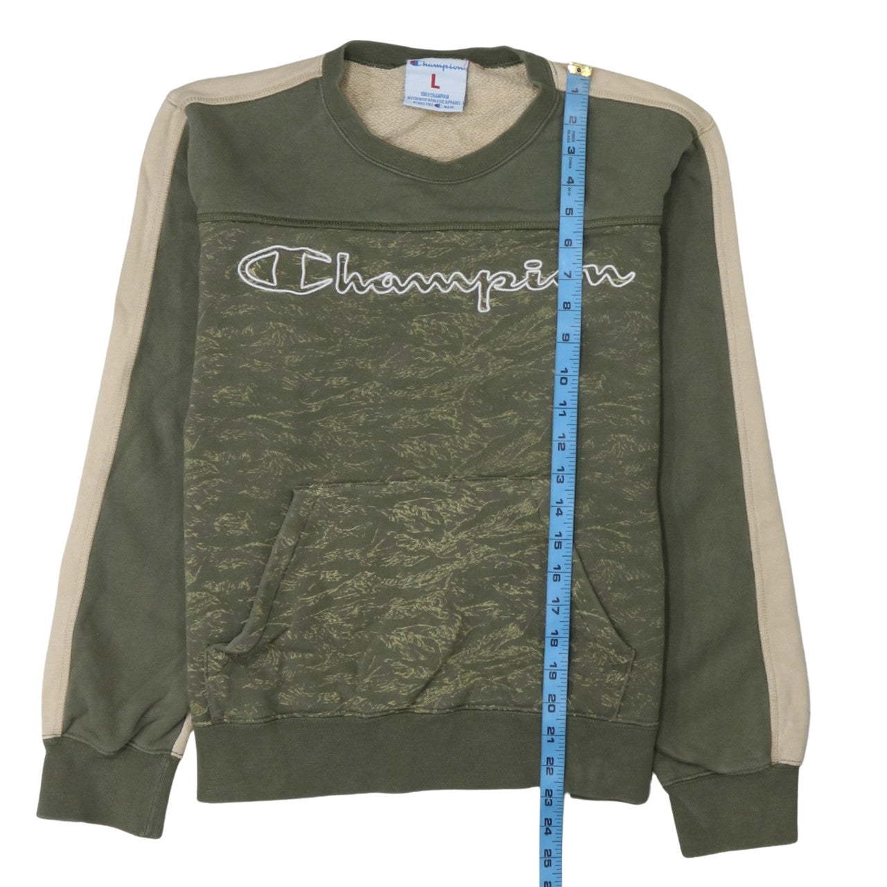 Champion Women’s Green Beige Pullover Sweatshirt L Logo Print Cotton