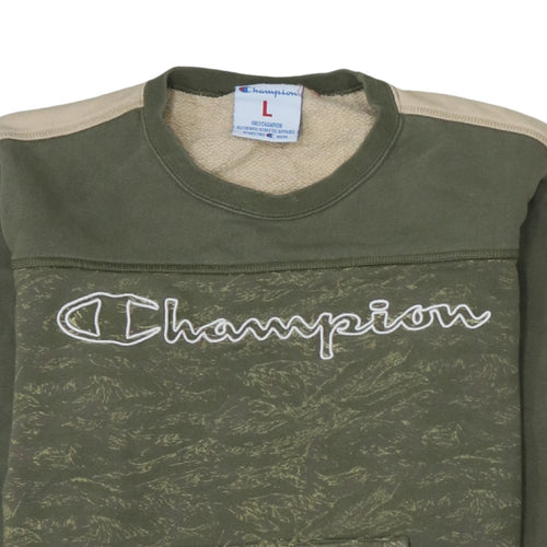Champion Women’s Green Beige Pullover Sweatshirt L Logo Print Cotton