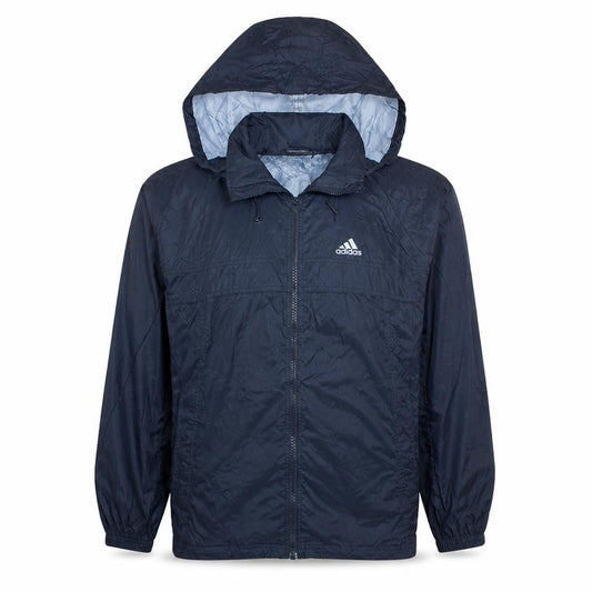 Front view of Adidas Men's Blue Hooded Windbreaker Jacket, size S