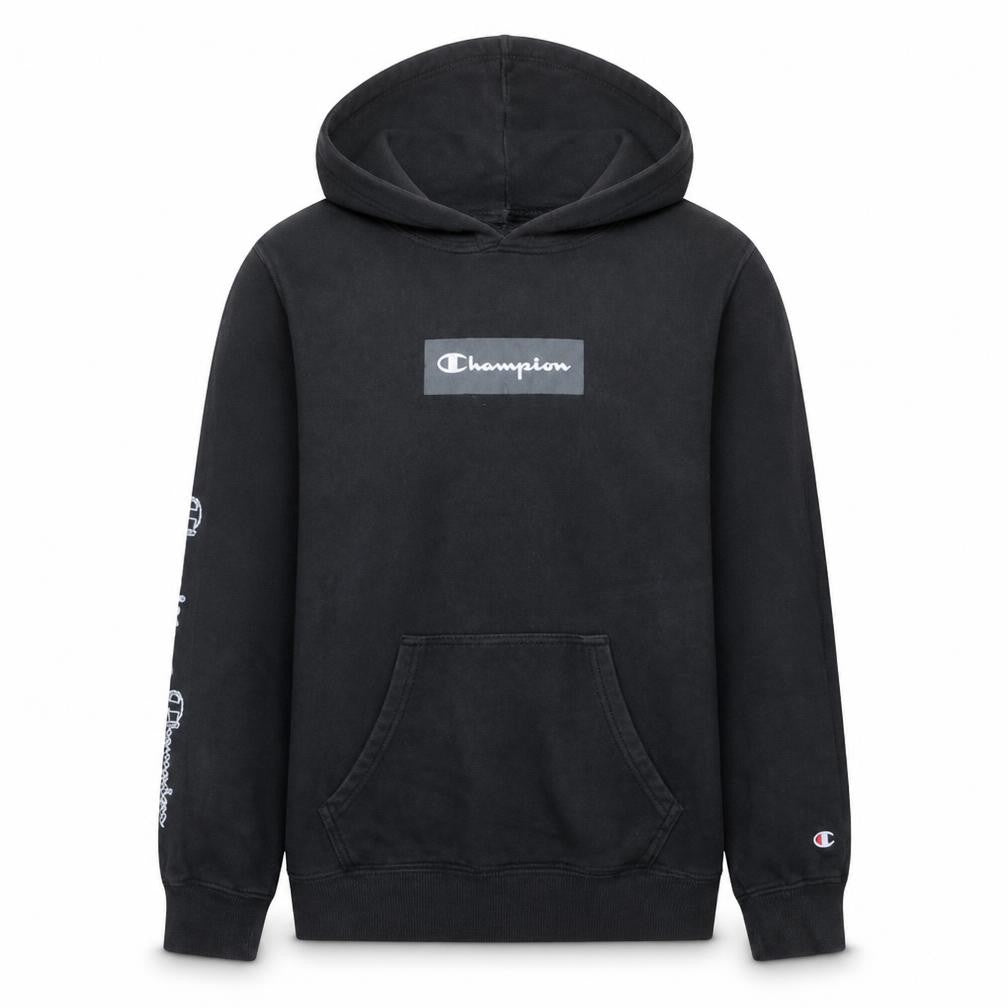 Front view of Champion Men's Black Medium Pullover Hoodie with Logo
