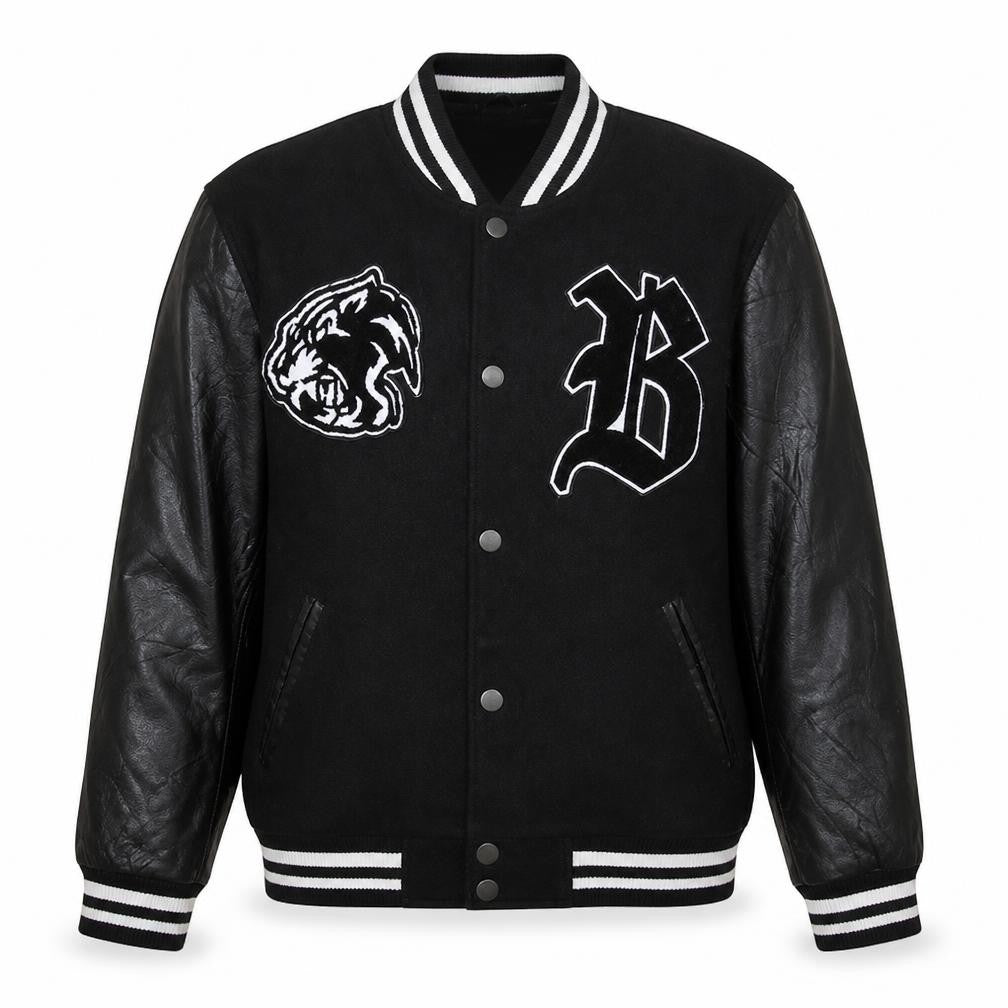 Front view of Chapter Men's Black Varsity Jacket, size S, Brooklyn Embroidered Bomber