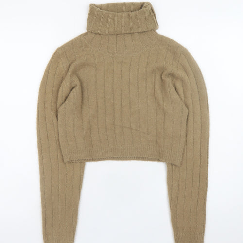 Pink Vanilla Women Beige Roll Neck Ribbed Knit Jumper M/L