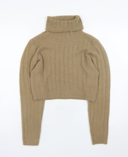 Pink Vanilla Women Beige Roll Neck Ribbed Knit Jumper M/L