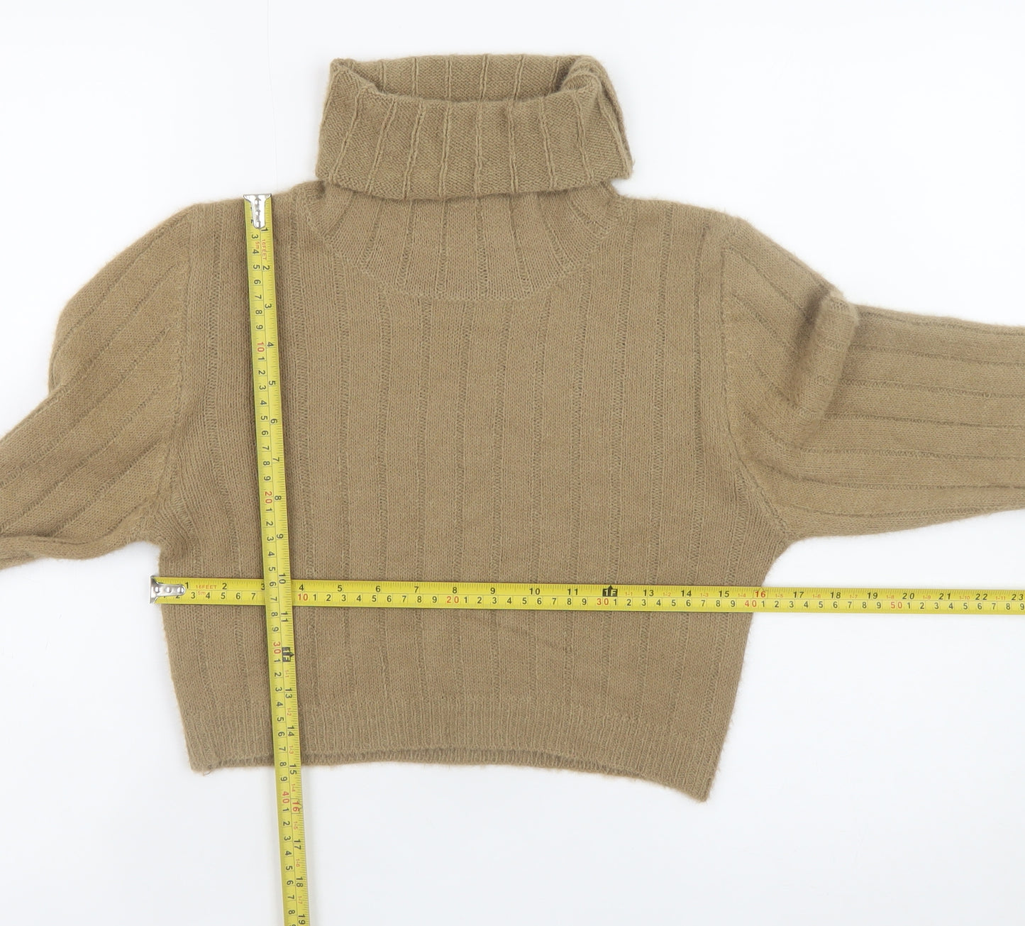 Pink Vanilla Women Beige Roll Neck Ribbed Knit Jumper M/L