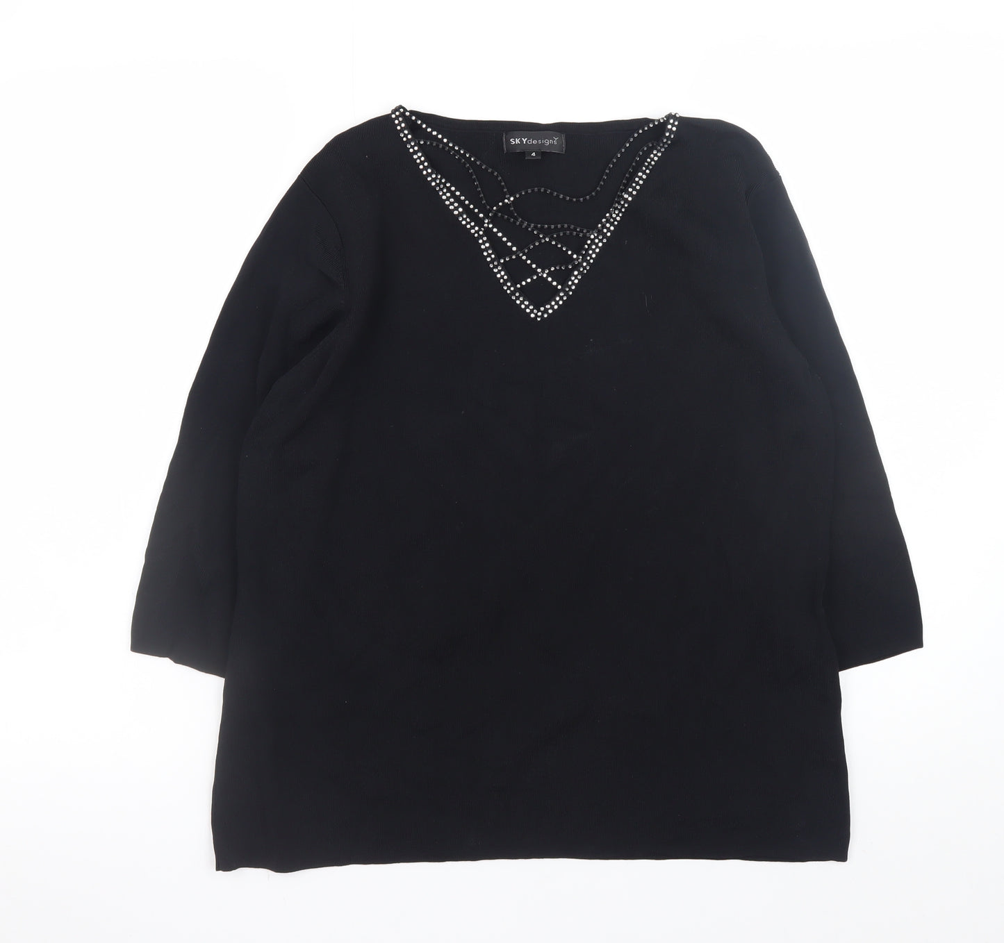 SKY Women’s Black Beaded V-Neck Pullover Jumper Size 4