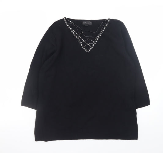 SKY Women’s Black Beaded V-Neck Pullover Jumper Size 4