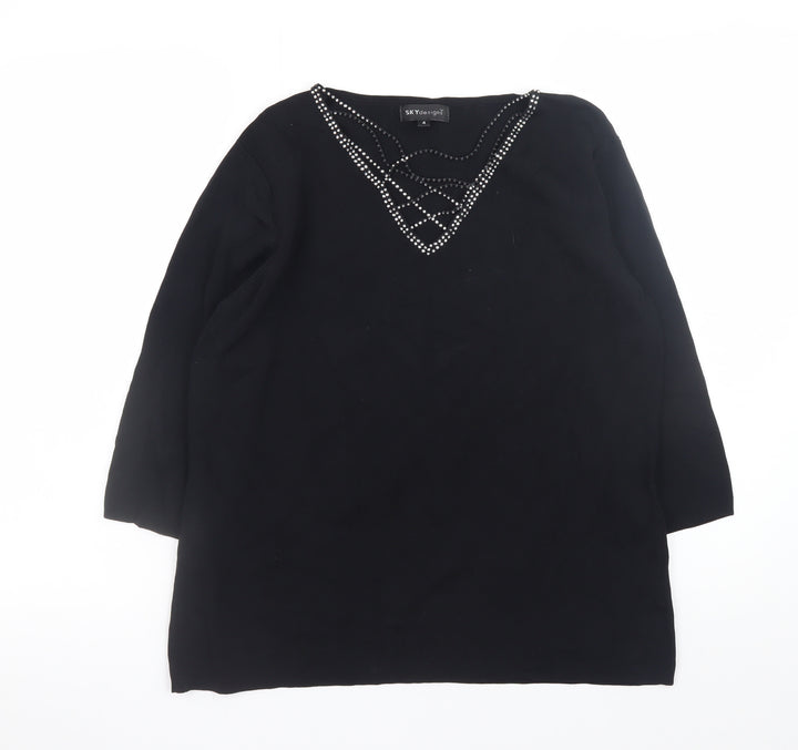 SKY Women’s Black Beaded V-Neck Pullover Jumper Size 4
