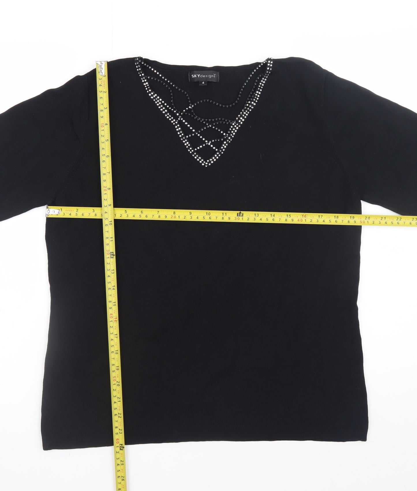 SKY Women’s Black Beaded V-Neck Pullover Jumper Size 4