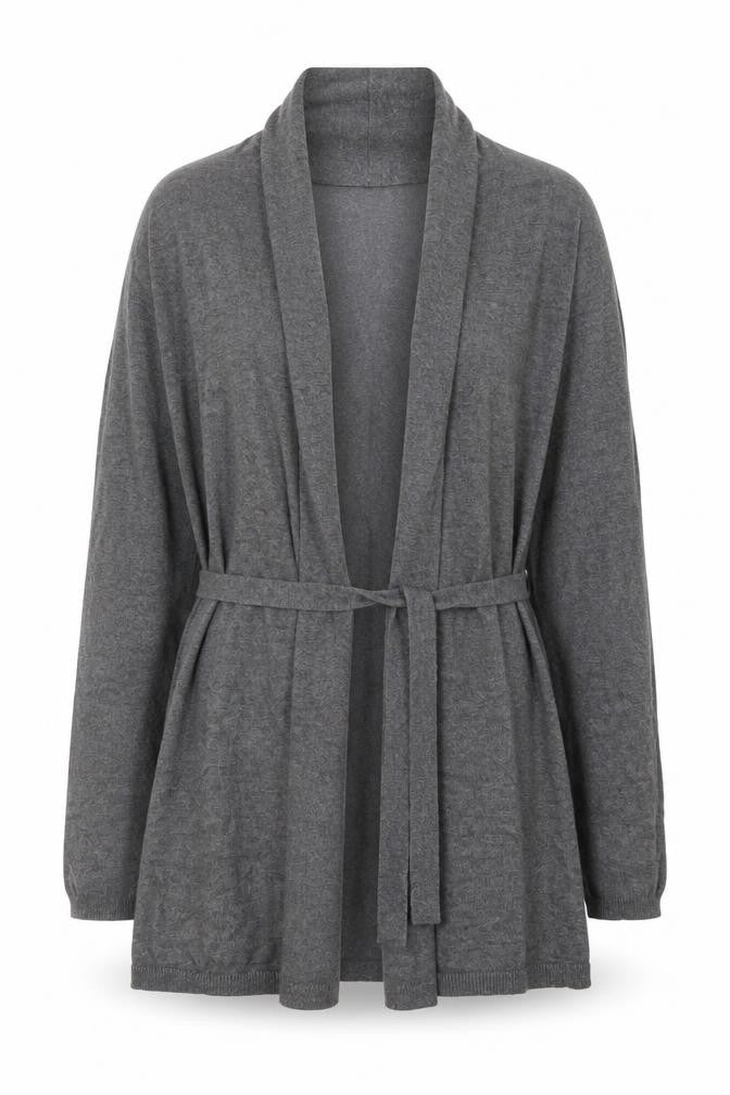 Front view of Zara Women Grey Knit Belted Cardigan, size 12