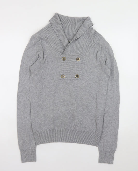 Cedarwood State Men’s Grey Cotton Shawl Collar Button Jumper Size S