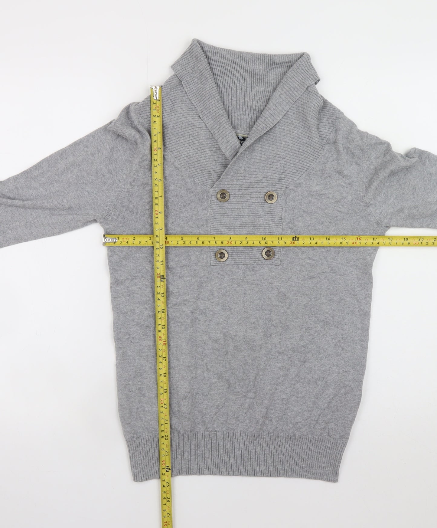 Cedarwood State Men’s Grey Cotton Shawl Collar Button Jumper Size S