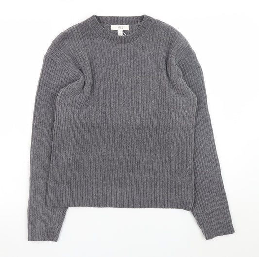 Marks and Spencer Men's Grey Ribbed Crew Neck Jumper Size S