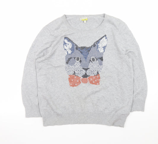 Hobbs Women’s Grey Cat Jumper L Crew Neck Knit Pullover Sweater