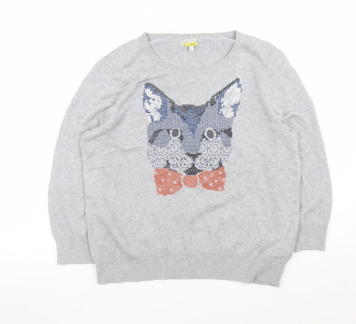 Hobbs Women’s Grey Cat Jumper L Crew Neck Knit Pullover Sweater
