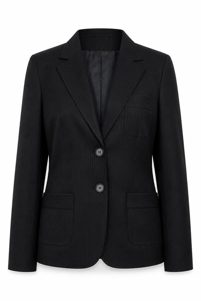 Front view of Select Women’s Black Pinstripe Blazer, size UK 12, Classic Business Jacket