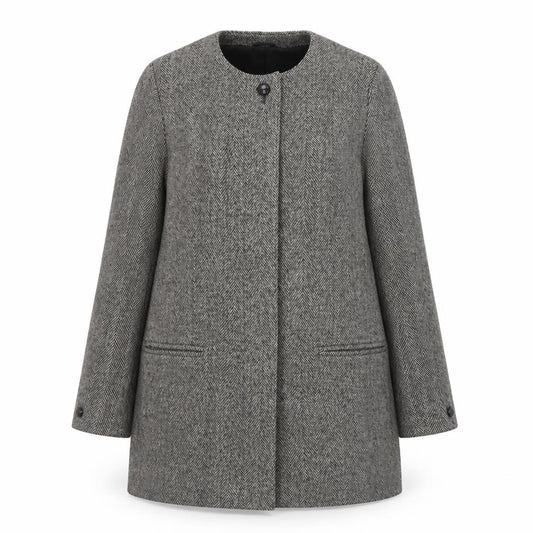 Front view of Planet Women’s Grey Wool Herringbone Mid-Length Coat, size UK 10