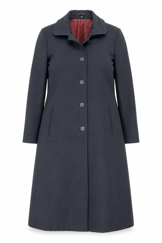 Front view of Lampert London women’s black wool long overcoat, size UK 12