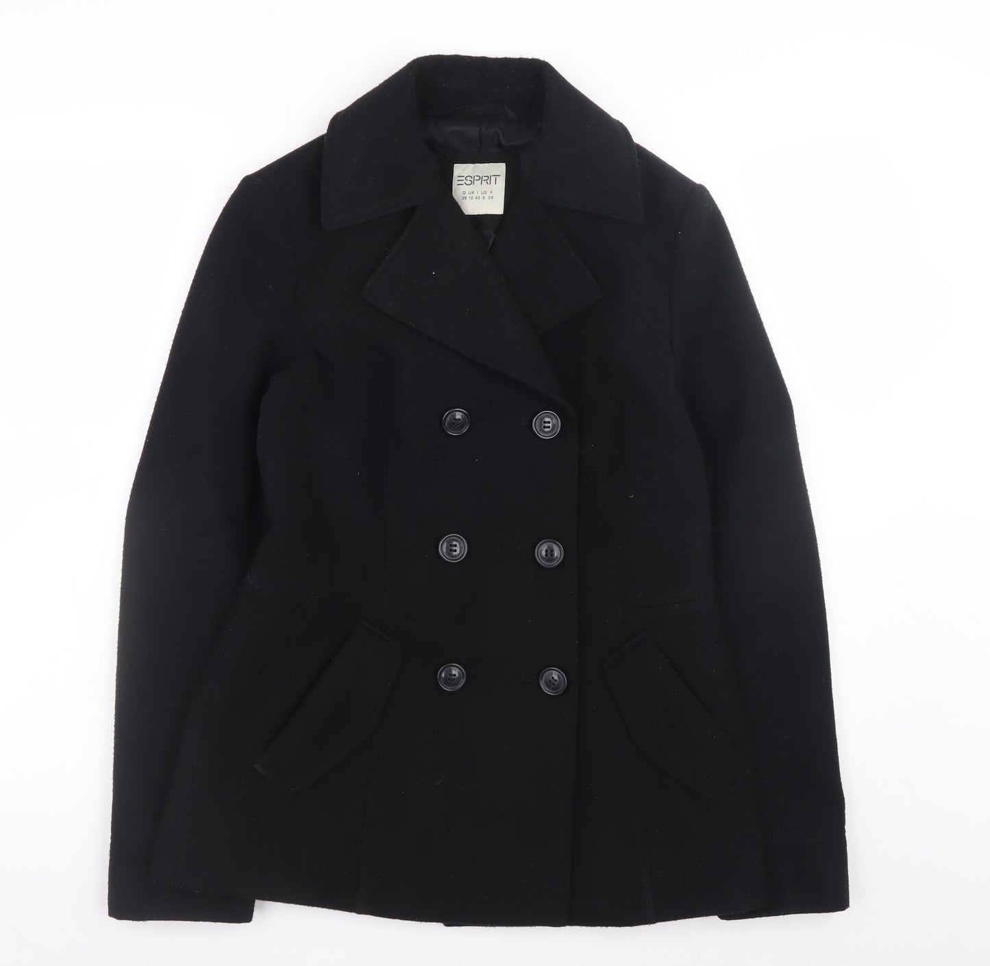 Esprit Women Black Wool Blend Pea Coat UK 10 Double Breasted Jacket