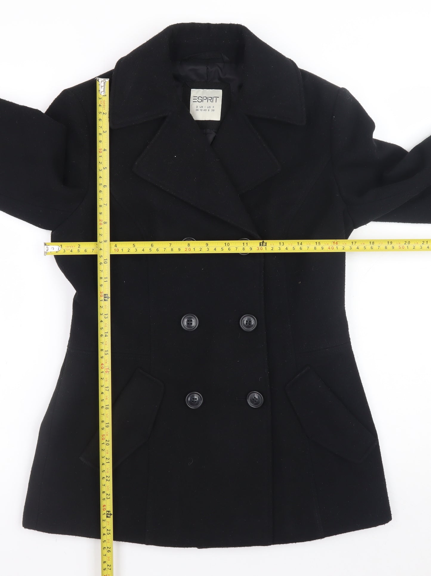 Esprit Women Black Wool Blend Pea Coat UK 10 Double Breasted Jacket