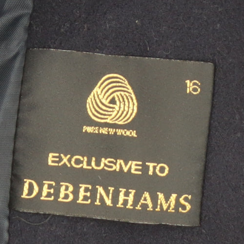 Debenhams Women’s Navy Wool Coat Size 16 Long Buttoned Classic Style