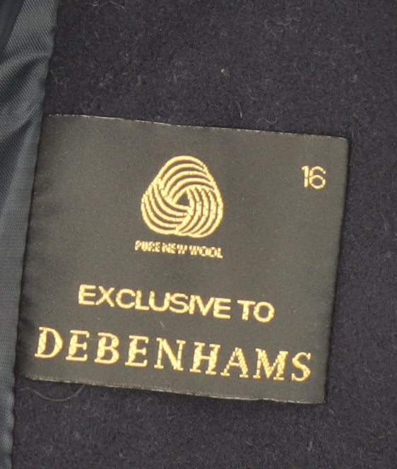 Debenhams Women’s Navy Wool Coat Size 16 Long Buttoned Classic Style