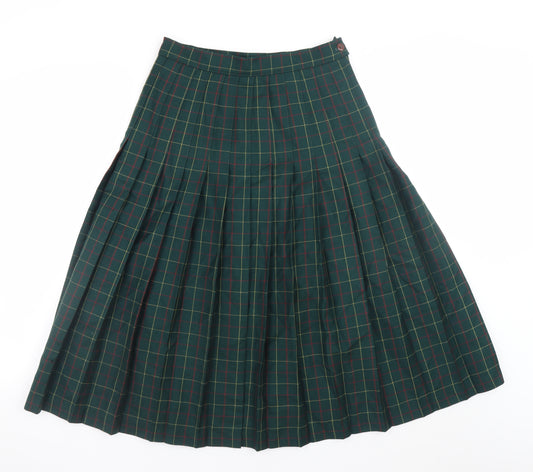 Edinburgh Women Green Check Pleated Wool Midi Skirt Size 12