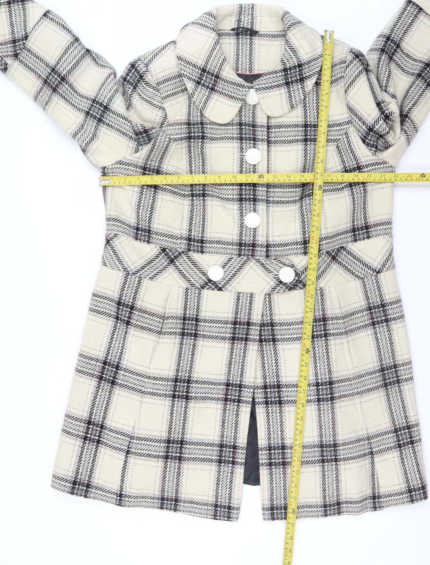 Inspire Womens Beige Checked Wool Blend Coat UK 18 Long Sleeve Buttoned Overcoat