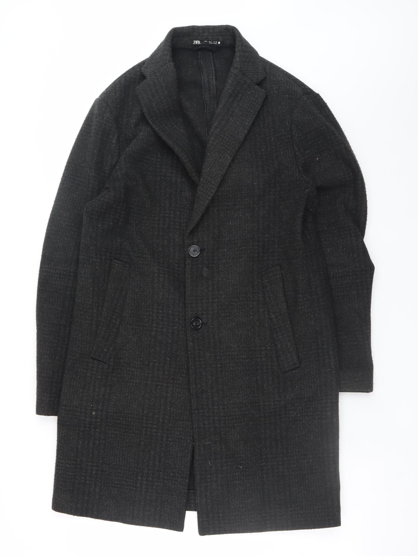 Zara Womens Black Long Check Overcoat Size S Classic Wool Look