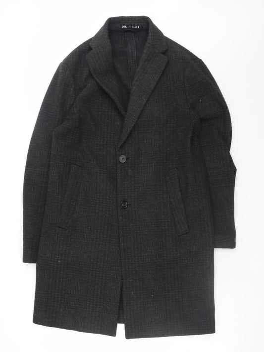 Zara Womens Black Long Check Overcoat Size S Classic Wool Look