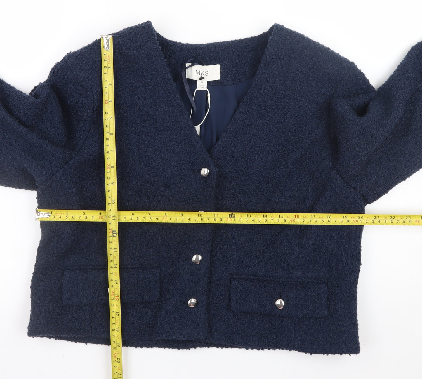 Marks and Spencer Women's Blue Cropped Tweed Blazer Size 16