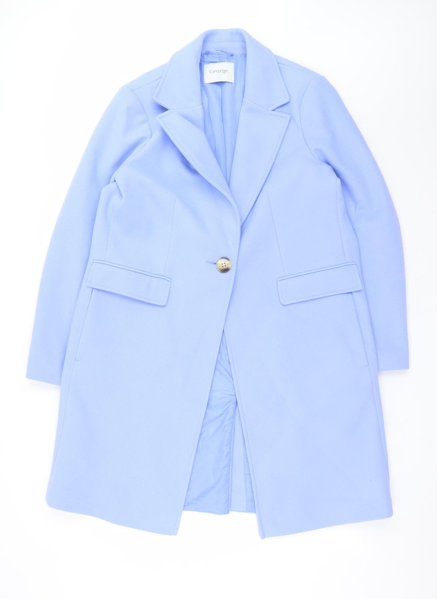 George Women Blue Long Overcoat Size 16 Polyester Single-Breasted