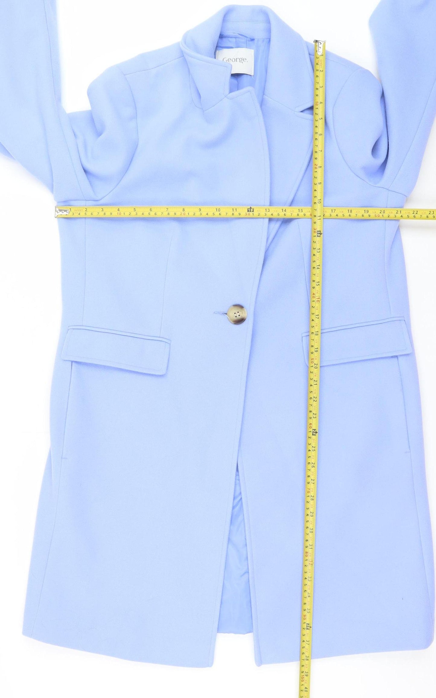 George Women Blue Long Overcoat Size 16 Polyester Single-Breasted