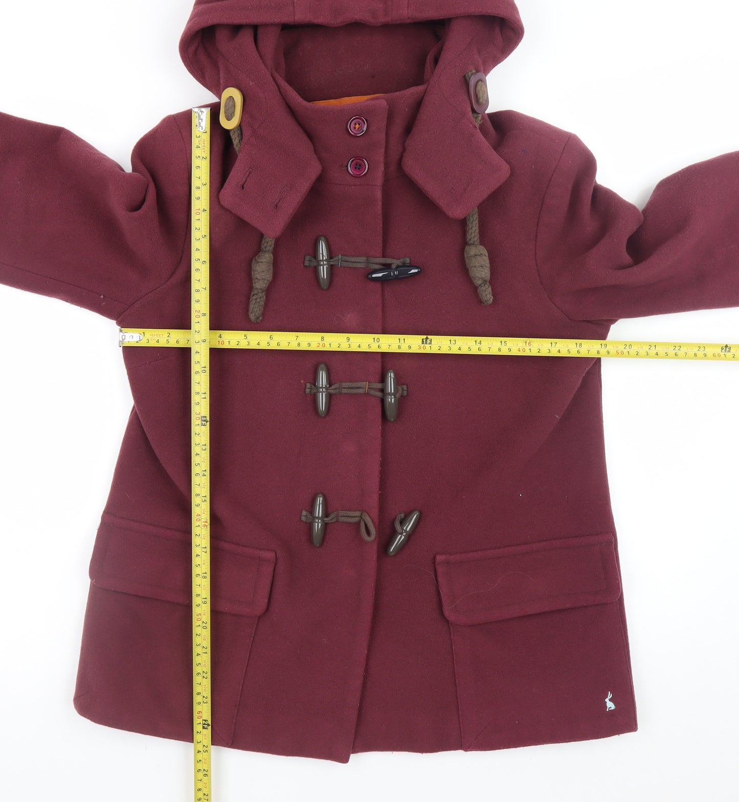 Joules Women’s Damson Wool Duffle Coat Size 12 Hooded Mid-Length
