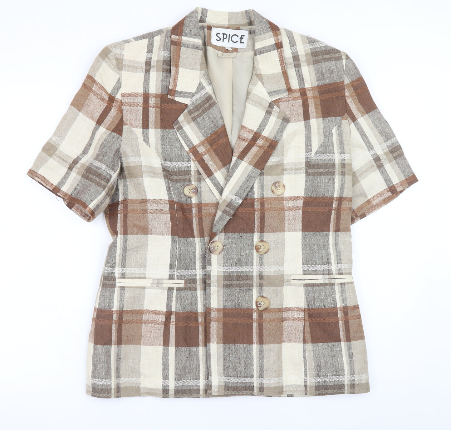 SPICE Womens Brown Check Linen Short Sleeve Blazer Size 12