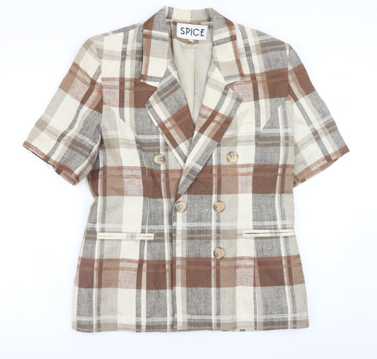 SPICE Womens Brown Check Linen Short Sleeve Blazer Size 12