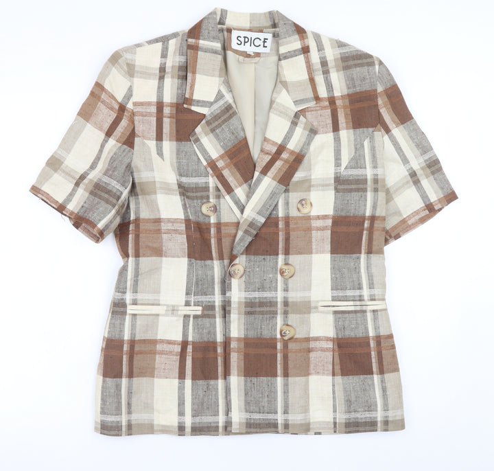 SPICE Womens Brown Check Linen Short Sleeve Blazer Size 12