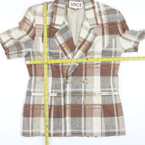 SPICE Womens Brown Check Linen Short Sleeve Blazer Size 12