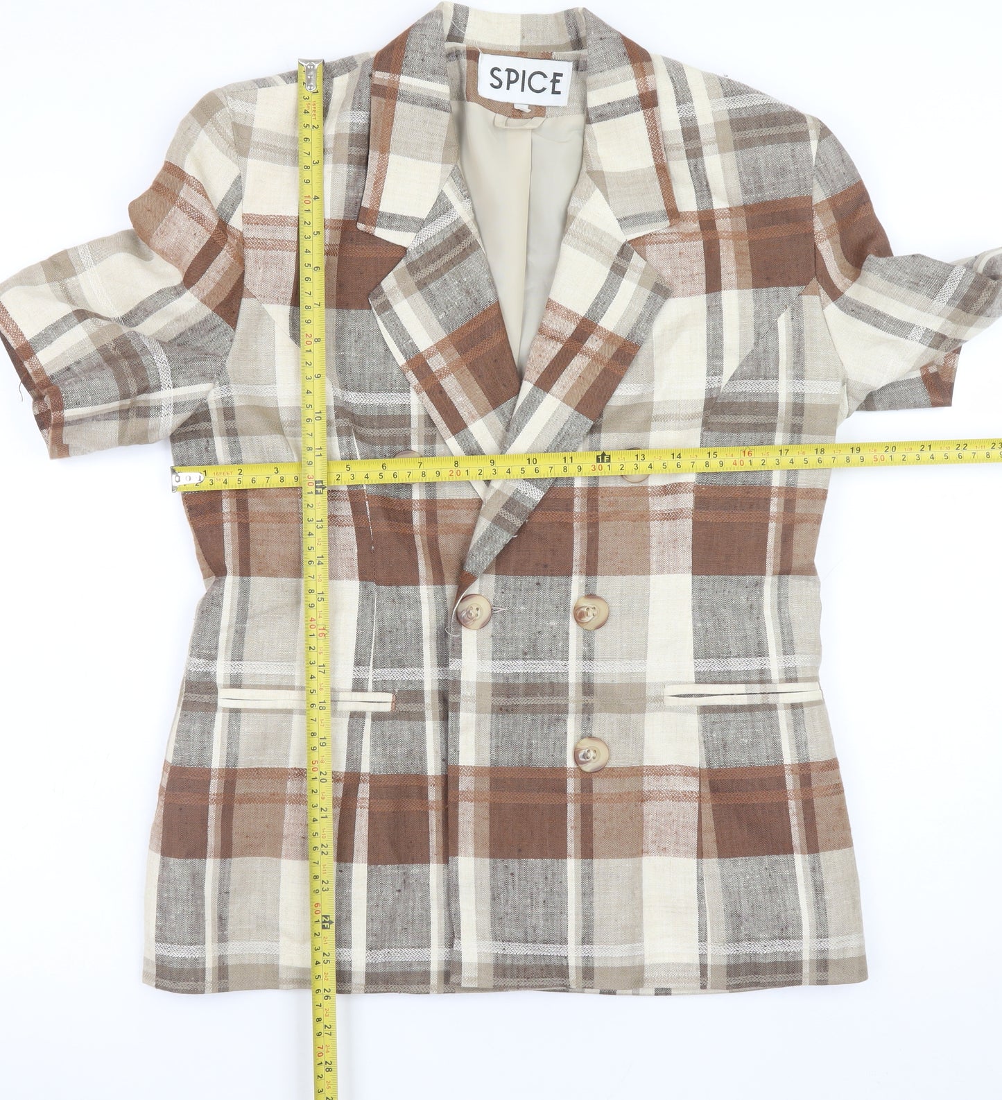 SPICE Womens Brown Check Linen Short Sleeve Blazer Size 12