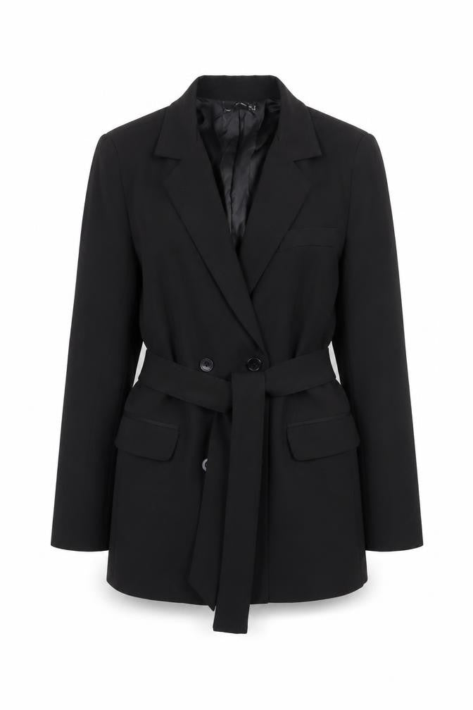 Front view of PRETTYLITTLETHING Women's Black Belted Blazer Jacket, size 4