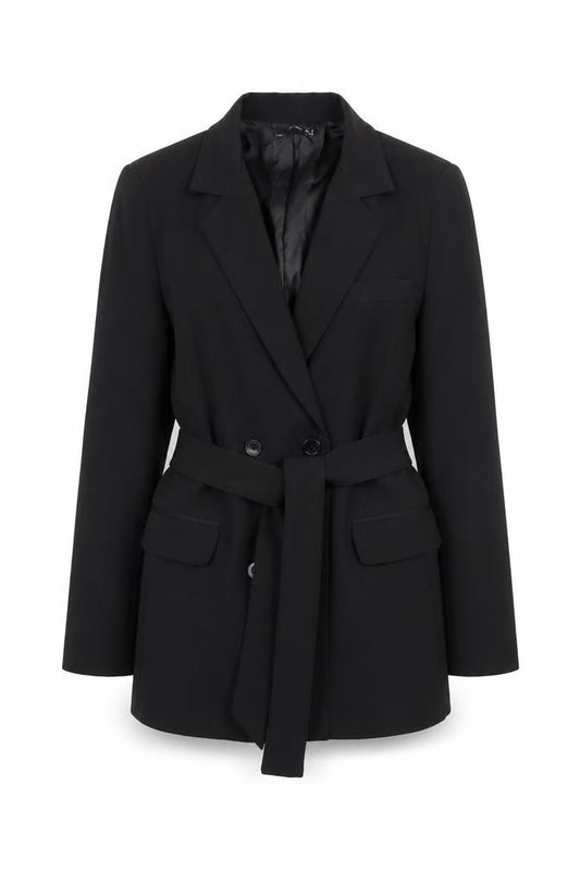 Front view of PRETTYLITTLETHING Women's Black Belted Blazer Jacket, size 4