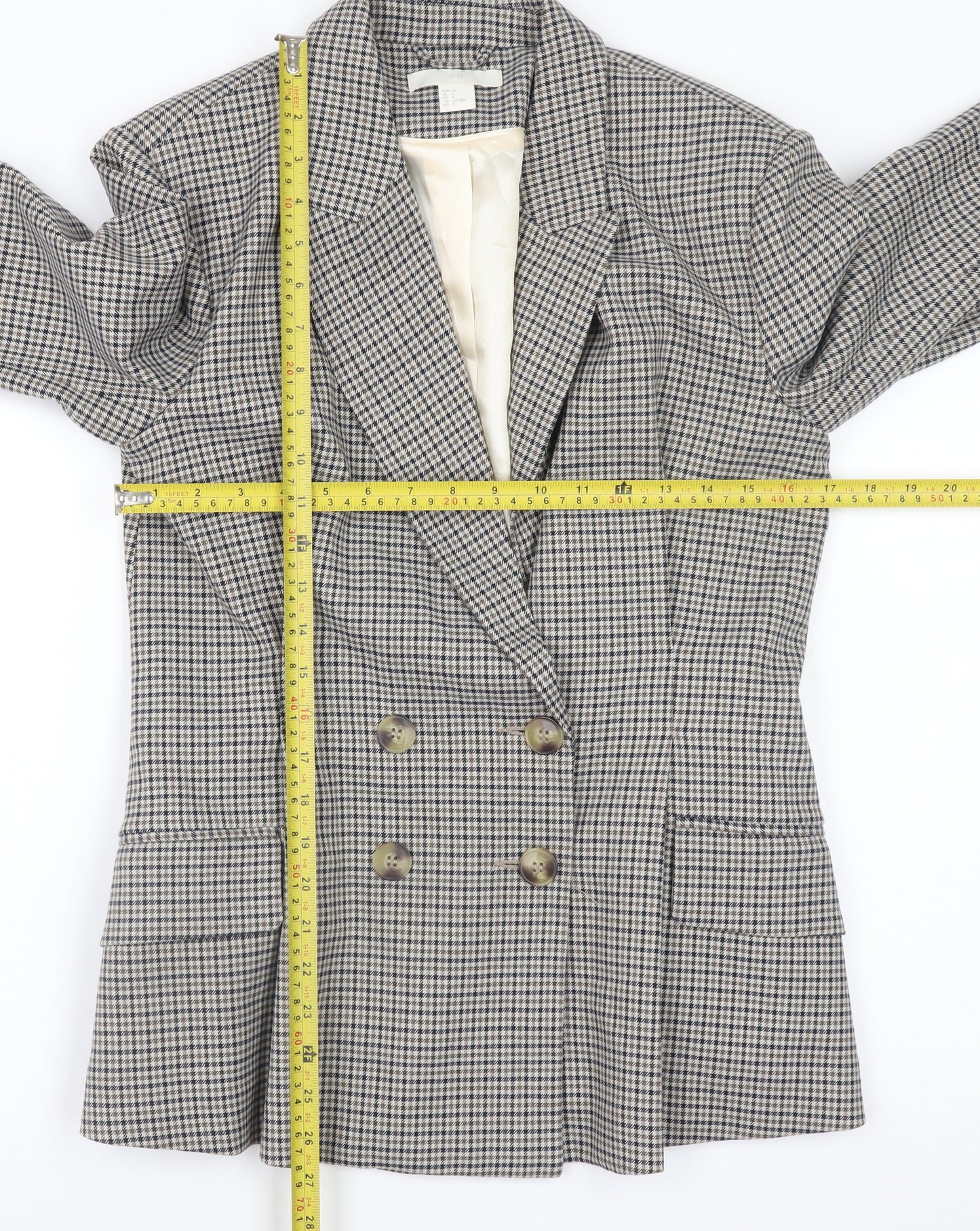 H&M Womens Beige Checked Blazer Size 10 Classic Business Jacket