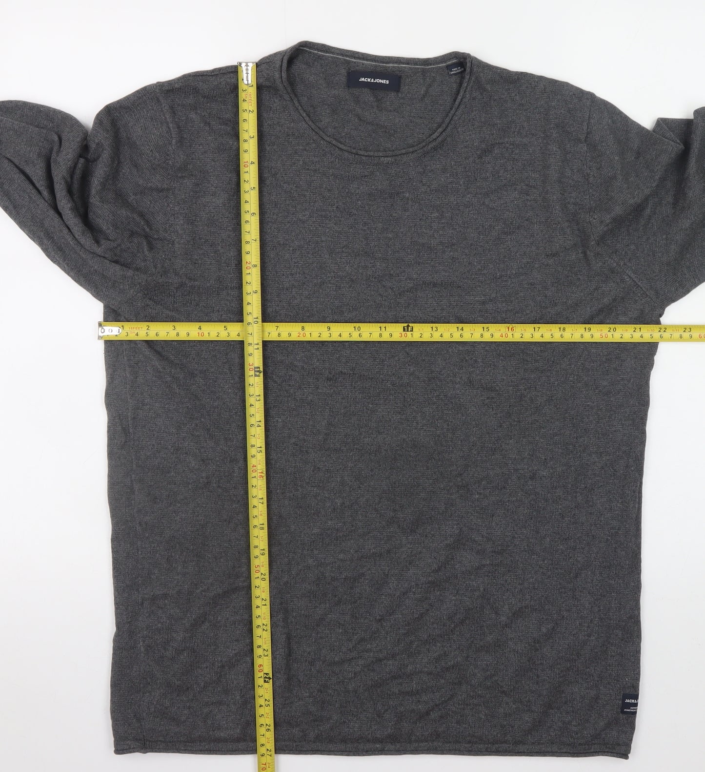 Jack & Jones Mens Grey Cotton Blend Crew Neck Pullover Jumper L